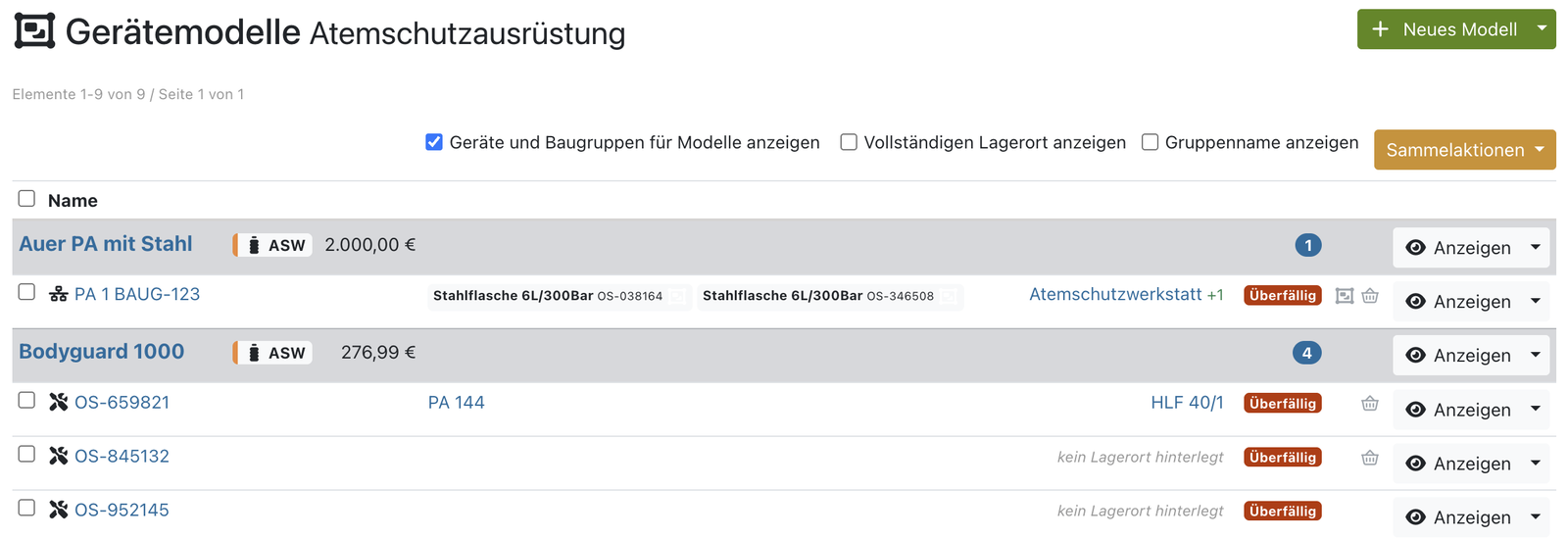 Der verantwortliche Bereich in der Gerätemodell-Liste