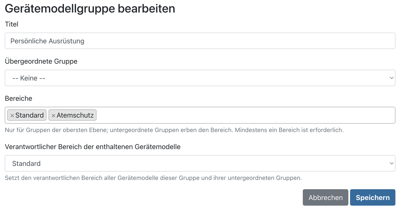 Bereiche einer Gerätemodellgruppe zuweisen
