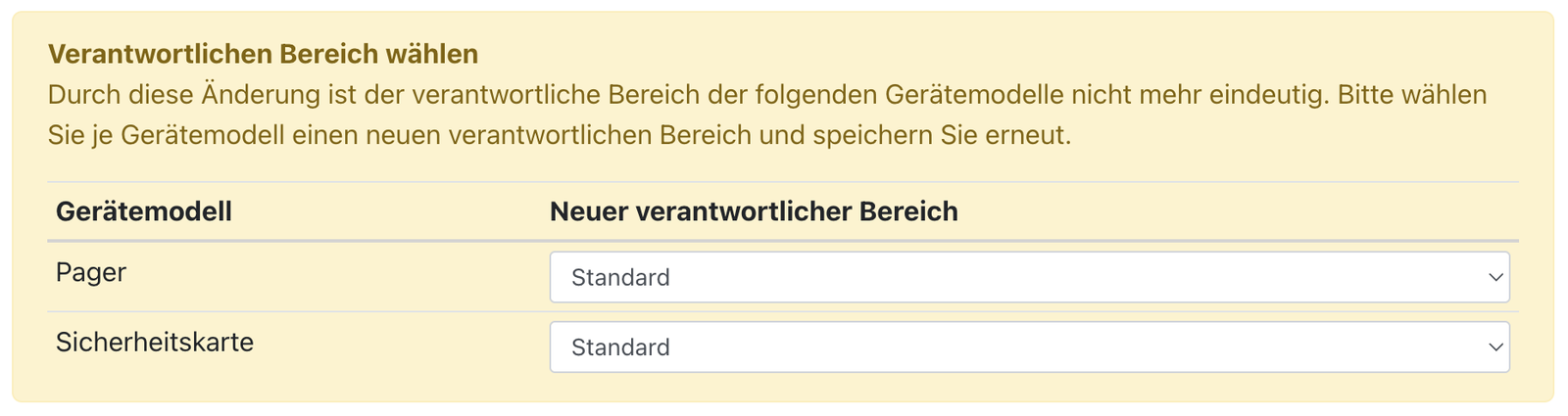 Auswahl des neuen verantwortlichen Bereichs je Gerätemodell