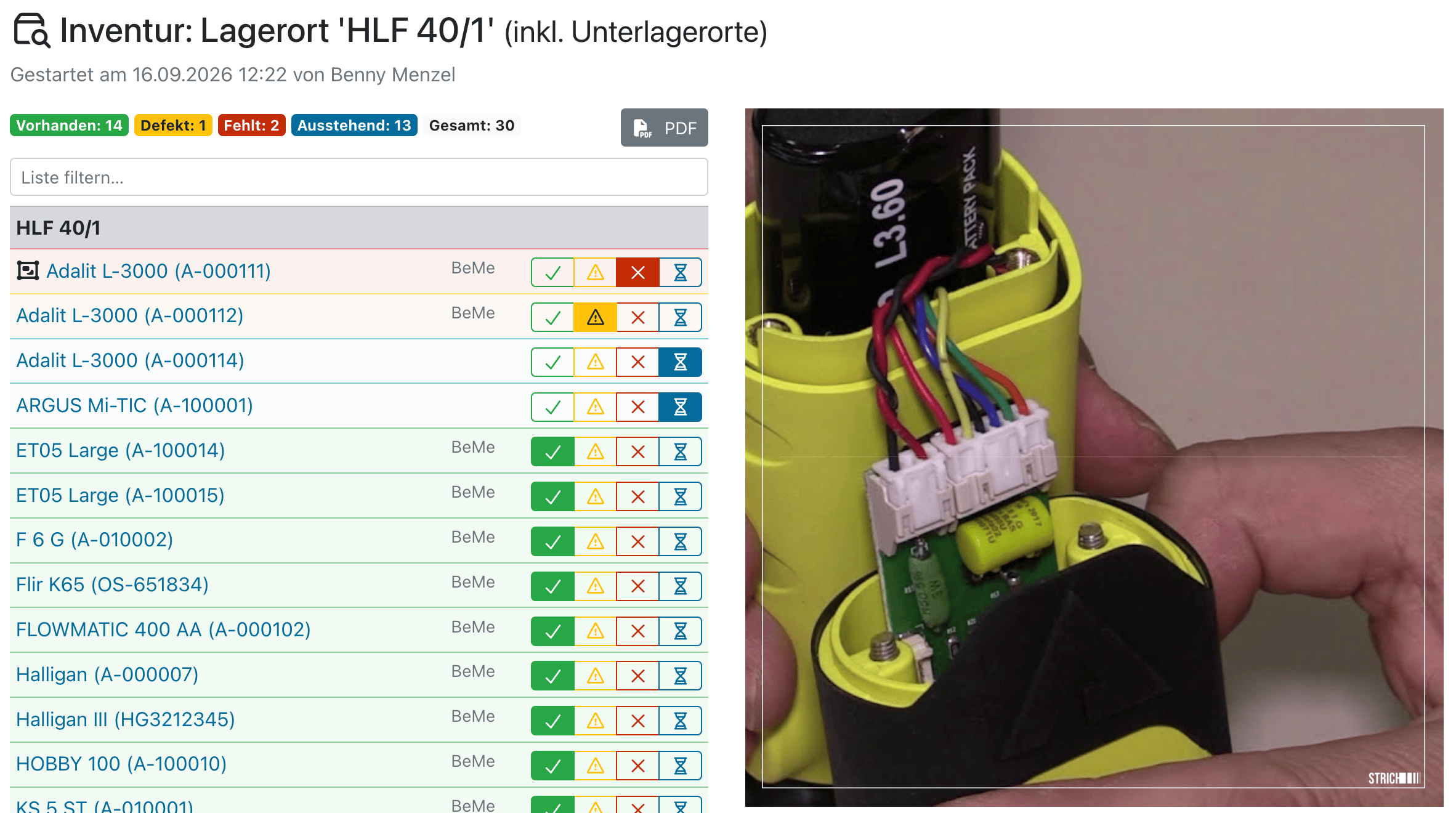 Die Erfassungsseite einer laufenden Inventur
