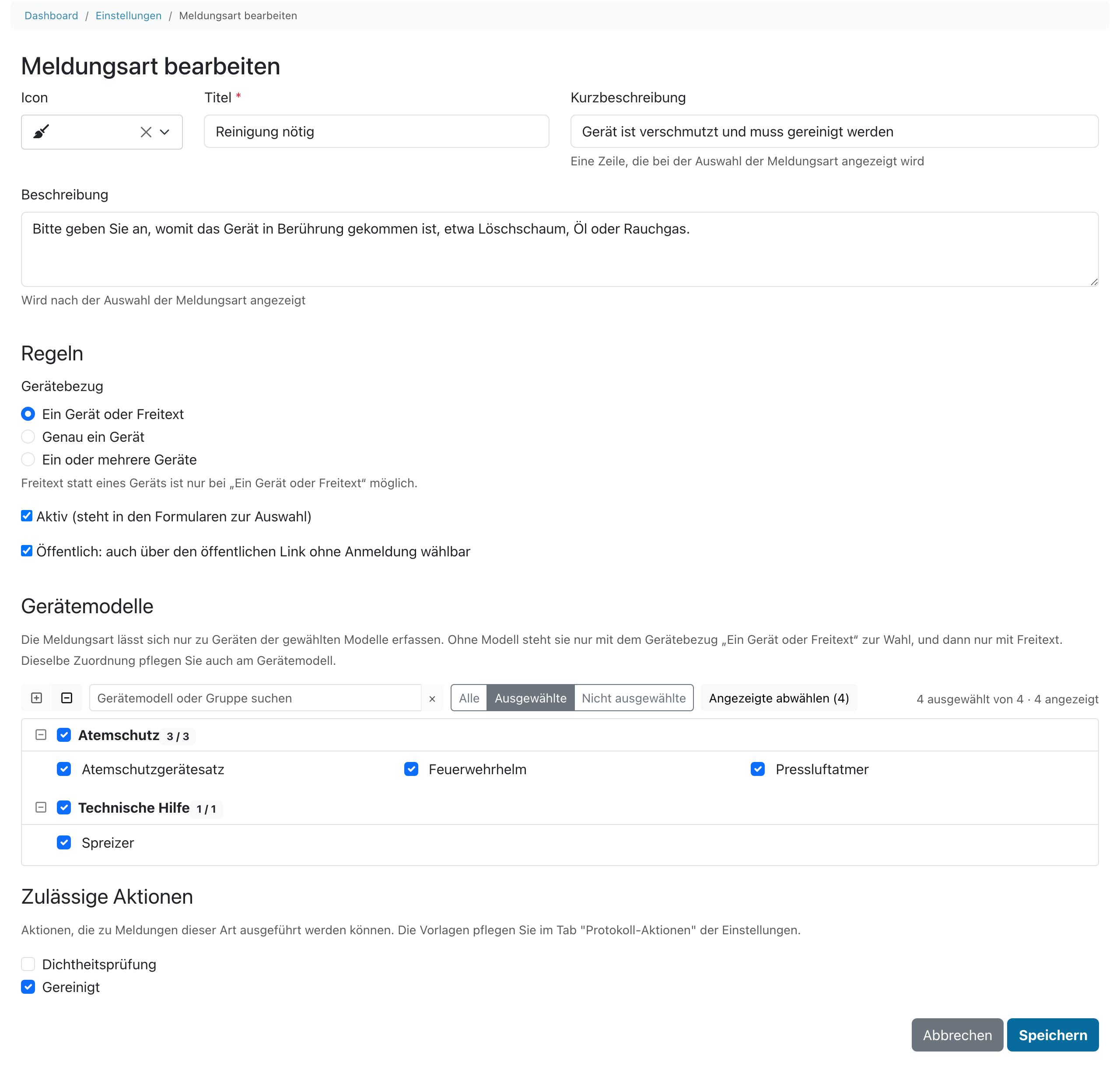 Bearbeiten einer eigenen Meldungsart