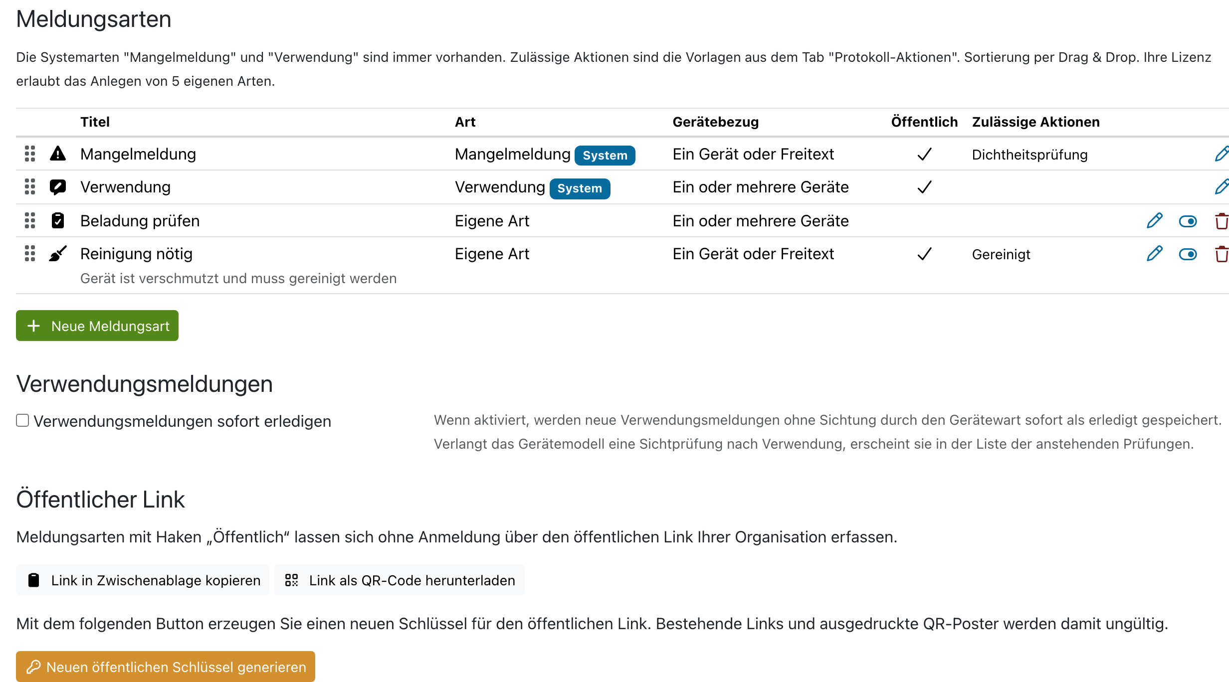 Die Meldungsarten in den Einstellungen