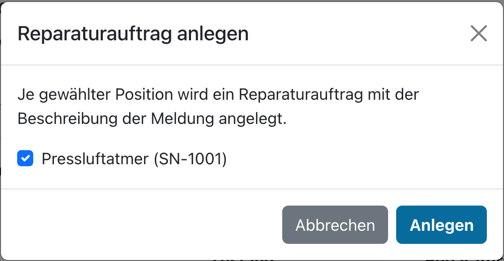 Reparaturauftrag aus einer Mangelmeldung anlegen