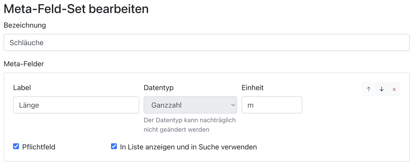 Ein Meta-Feld mit Label Datentyp und Einheit