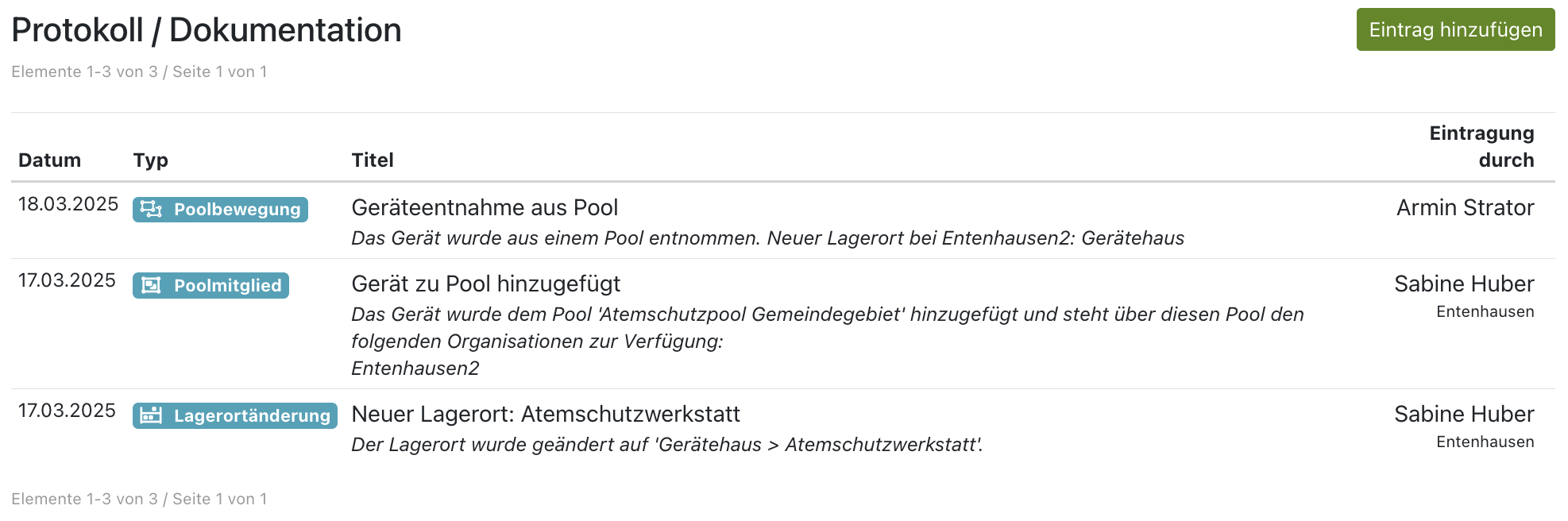 Geräteprotokolleinträge zu Pooling