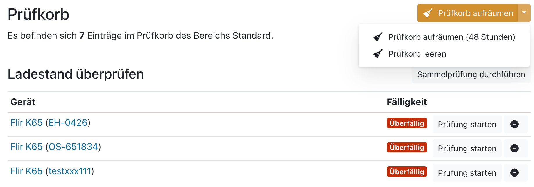Der Prüfkorb eines Bereichs mit seinen Aktionen